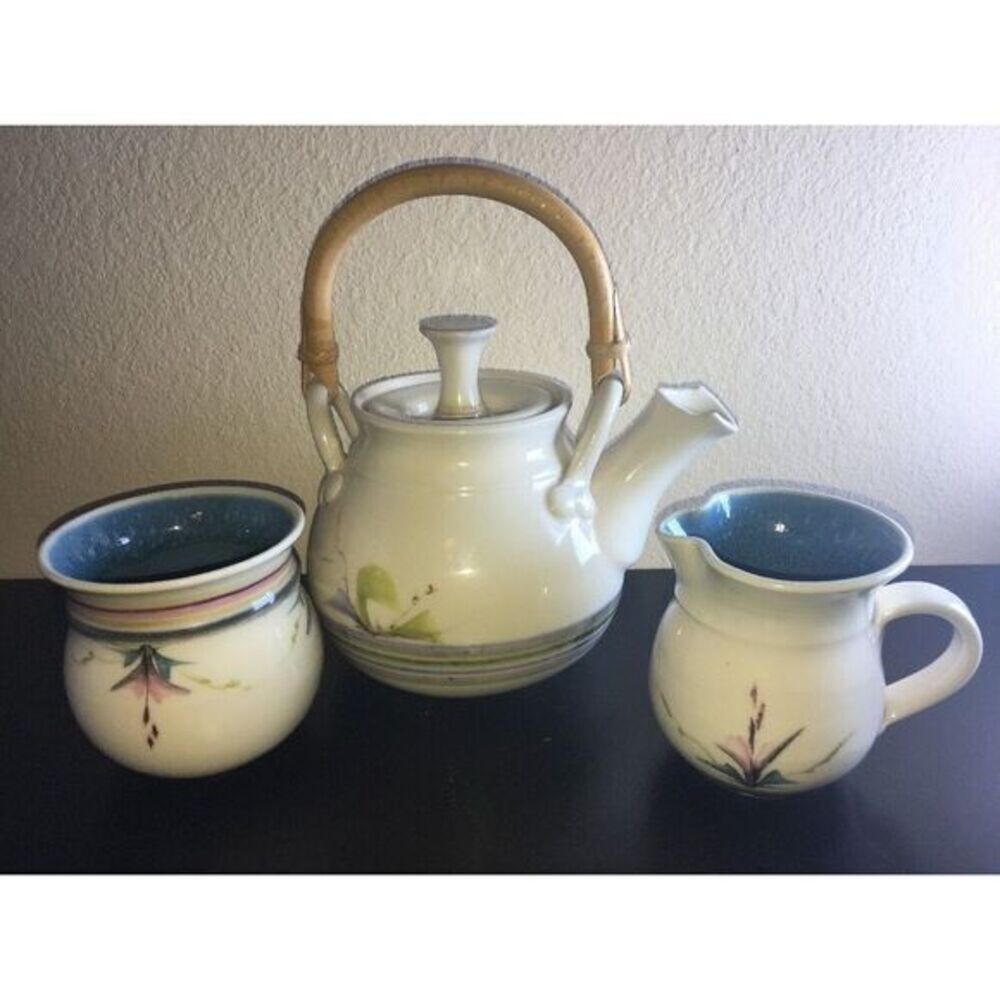 Teapot, Creamer & Sugar Jar By Teapot Art Pottery Studio Signed Patterson Floral